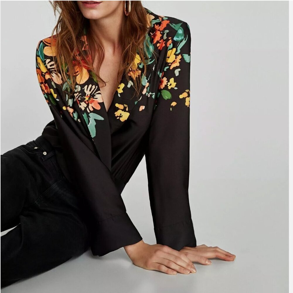 ZARA Floral Print Satin Bodysuit with Long Sleeves, Size M NEW WITH TAG!